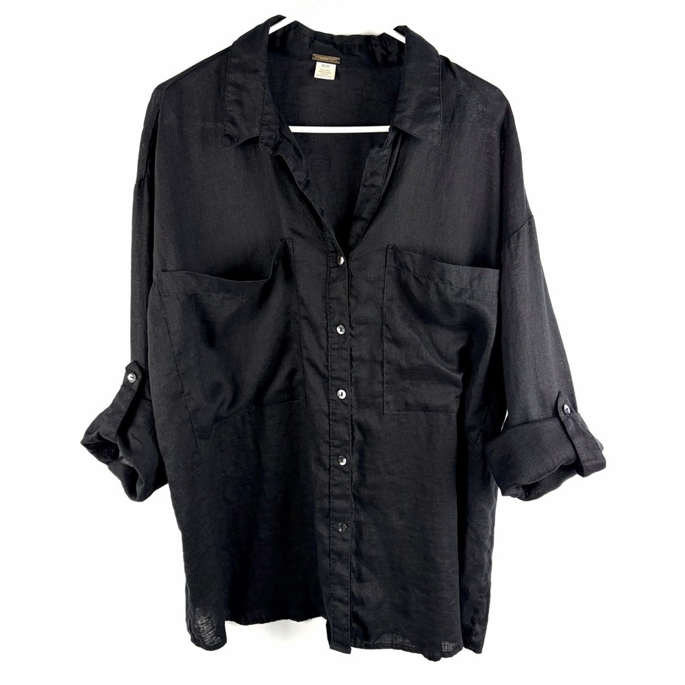 Magaschoni Black 100% Linen Button Down Shirt Roll Tab Sleeve Medium - Picture 3 of 15